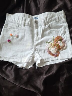 Old Navy White Denim Shorts with Multicolor Crochet Butterfly